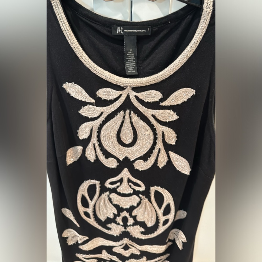 INC International Concepts Knit Sheath Sleeveless Beaded Applique Dress Black M - Picture 3 of 6